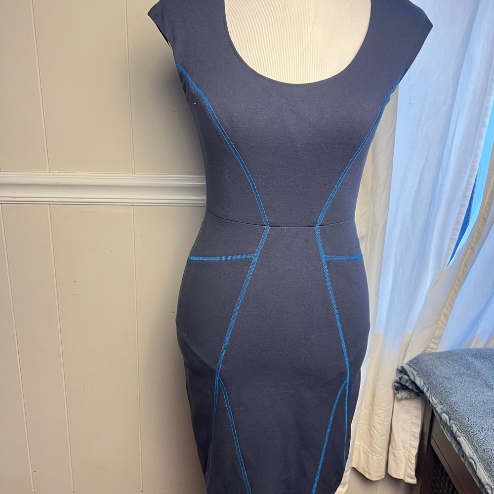 Rebecca Taylor Blue Bodycon Midi Dress Scoop Neck Cap Sleeve